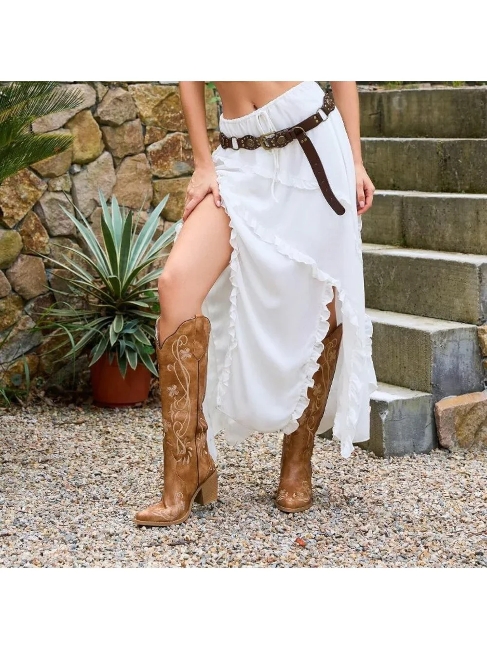 Women's Floral Brown Knee High Cowgirl Boots Embroidered Pointed Toe Chunky Heel